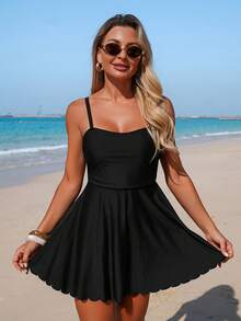 Swim Lushoire Women's Solid Color Strap Ruffle Trim Beach Casual Swimsuit Set, Spring/Summer - Black - View 4