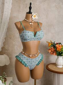 Bellisia Bộ bikini nữ họa tiết hoa phối bèo nhún, thích hợp cho kỳ nghỉ biển. - màu xanh lá - Xem 3