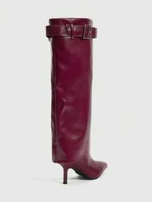 Daringsoles Women's Pointed Toe Buckle Design PU Leather Thigh High Boots, Fashionable & Versatile For Daily Wear - Burgundy - View 3