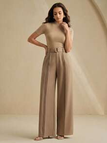 Anewsta 女士优雅精致卡其色阔腿裤，配有腰带和褶裥裤腿设计 - 杏色 - 查看 6