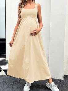 SHEIN Maternity Solid Color Square Neck Pocketed Casual Sleeveless Dress - Apricot - View 5