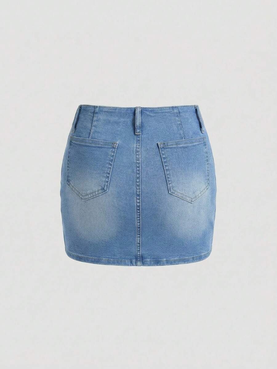 Sweetra 女士时尚休闲百搭性感低腰牛仔迷你裙 - 淺色水洗藍 - 查看 1