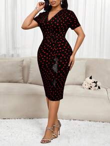 SHEIN Lady Schwarzes Herzprint Wickel-Rüschen-Saum Figurbetontes Mini-Kleid - Schwarz - Übersicht 5