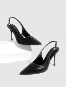 CUCCOO SZL 女士时尚尖头细跟黑色水钻后跟提拉性感宴会派对女士高跟鞋露跟鞋女鞋 - 黑色 - 查看 1