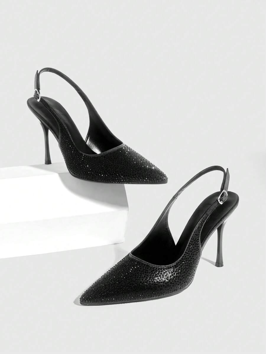 CUCCOO SZL 女士时尚尖头细跟黑色水钻后跟提拉性感宴会派对女士高跟鞋露跟鞋女鞋 - 黑色 - 查看 1