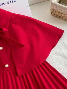 SHEIN Vestido elegante de niña con capa de vuelo con detalle de lazo y bajo plisado de unicolor - Rosa Fucsia - Ver 11