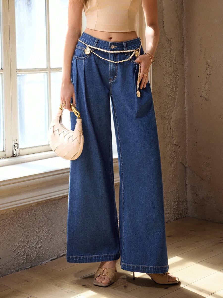 Selenza 女士宽松直筒牛仔裤，修身新款 - 中等水洗藍 - 查看 1