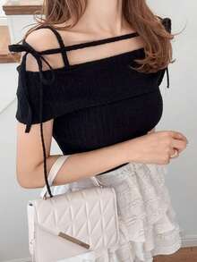 FRIFUL Women's Summer/Spring Solid Color Tie Bow Slim Fit Versatile T-Shirt Off The Shoulder - Black - View 5
