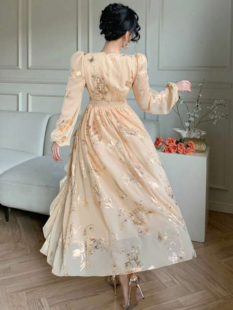 Women's Elegant Floral V-Neck Puff Sleeve Ruffle Hem Mid-Length Dress, Spring/Summer Wedding Guest Dress Maxi Dress Sundress