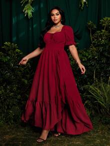 Roveilla Plus Size Square Neck Ruffle Trim Slit A-Line Dress, Burgundy, Elegant Vintage Style For Holiday, Party, Occasion - Burgundy - View 8