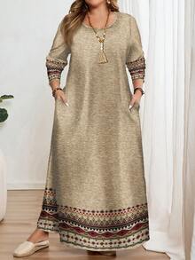 SHEIN CURVE+ 加大码黑色长袖宽松A字中长连衣裙，时尚秋冬连衣裙 - 卡其色 - 查看 3