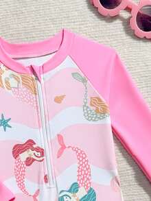 女婴可爱鲸鱼印花长袖连体泳衣，紫色，适合夏季和度假 - 粉色 - 查看 4