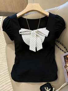 SHEIN Women's Elegant Commuter Polka Dot Patchwork Short Sleeve Knit T-Shirt, Spring/Summer - Black - View 1