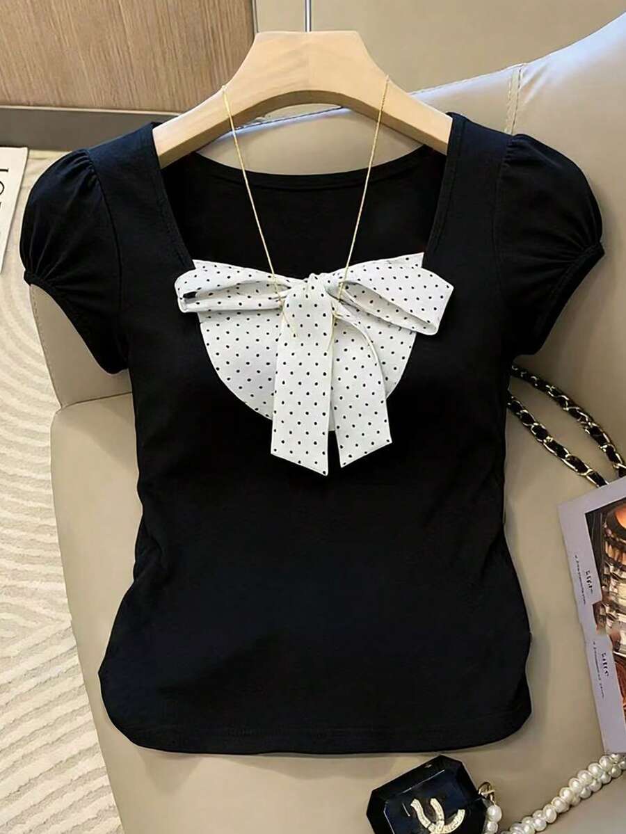 SHEIN Women's Elegant Commuter Polka Dot Patchwork Short Sleeve Knit T-Shirt, Spring/Summer - Black - View 1
