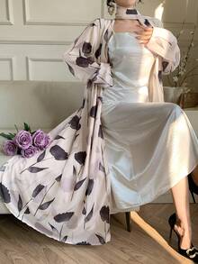 DAZY Printed Long Sleeve Casual Loose Cardigan Dress For Women, Daily Wear - Beige - View 7