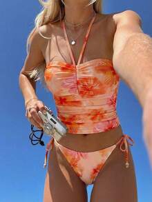 SHEIN MOD 领口系带褶皱花卉上衣和侧系带三角泳裤泳衣套装 - 彩色 - 查看 3