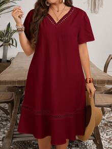 EMERY ROSE Plus Size Women Summer Casual Solid V-Neck Dress - Burgundy - View 7