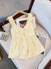 Franclia 女士系带蝴蝶结腰部宽肩带宽松吊带背心娃娃衫夏季上衣可爱夏季上衣外出休闲女式衬衫派对上衣度假女式浅黄色上衣娃娃衫女式上衣牛仔上衣 - 杏色 - 查看 5