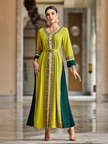 Al Najma Color Block Long Sleeve Dress With Rhinestone Decoration, Elegant Evening Party Maxi Modest Dress Kaftan Arabian Dress - Multicolor - View 3