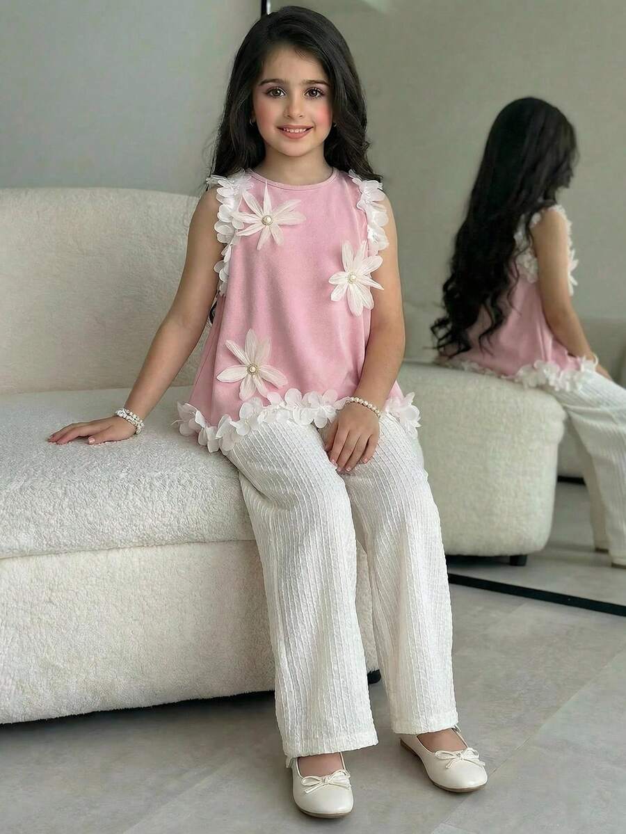 SHEIN Tween Girl Lace Trim Round Neck Sleeveless Asymmetrical Hem Knit Top And Wide Leg Pants Casual 2 Pieces Set - Red - View 1