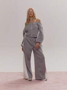 MUSERA Off The Shoulder Side Stripe Satin Bow Lace Up Detail Zip Through Sweatshirt Coord Top Only Cute Girly Sexy Spring Winter Going Out Daily Easter Sugar Swizzle - Multicolor - View 3