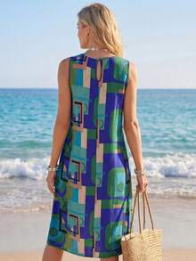 Sylviya 休闲印花无袖圆领A字连衣裙，夏季连衣裙，度假装 - 藍色 - 查看 2