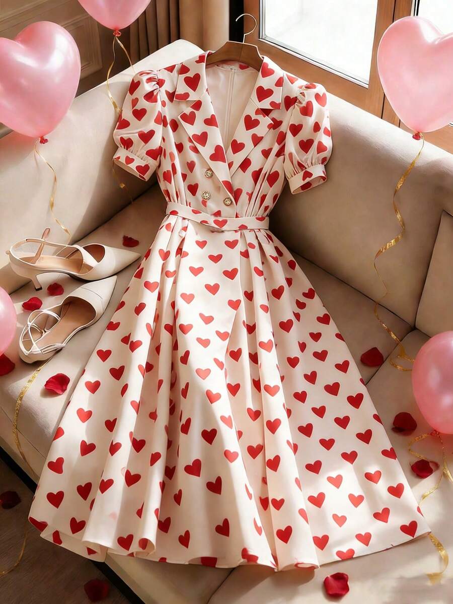 Franclia Women's Elegant Heart Print Mid-Length Dress Heart Dress Puffy Sleeve Dress Heart Print Dress Womens Heart Dress Tea Dress Womens Dress Party Dress Womens Heart Print Dress Red Heart Dress - Multicolor - View 1