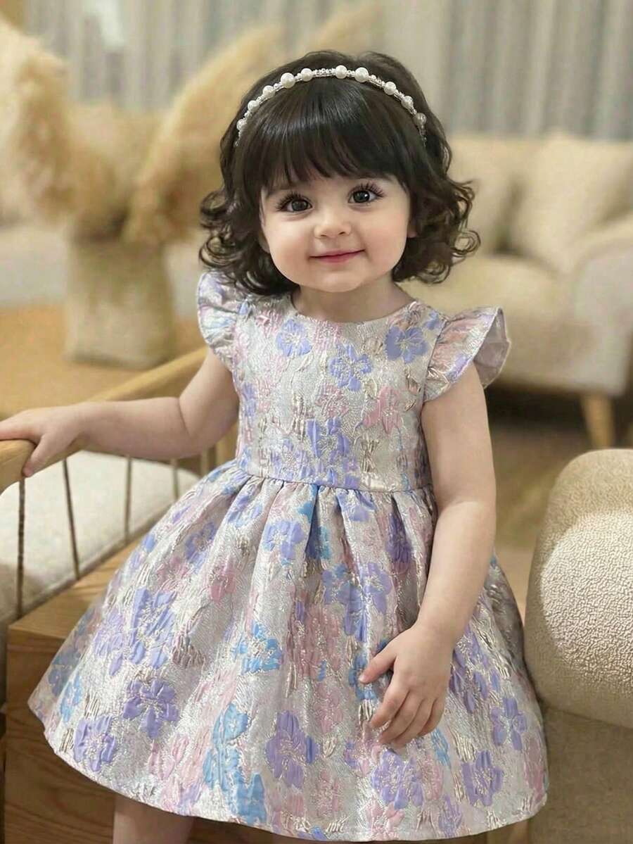 SHEIN Vestido de manga corta elegante de jacquard tejido para niña, primavera/verano - Multicolor - Ver 1