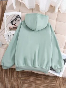 SHEIN Tween 女童宽松休闲简约心形图案连帽运动衫，长袖，适合秋冬季 - 綠色 - 查看 2