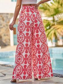 Breezaya Women's Fashionable Casual Printed Wide Leg Pants - Red - View 2