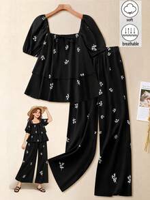 EMERY ROSE Bộ đồ 2 món cỡ lớn gồm áo tay phồng và quần ống đứng, họa tiết hoa nhí, trang phục thường ngày thoải mái cho nữ. - màu đen - Xem 1