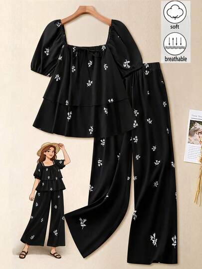 SHEIN LUNE Plus Size Lantern Sleeve Shirt & Straight Leg Pants 2 Piece Set, Ditsy Floral, Casual Everyday Wear For Women Black Sets 2 Piece Women