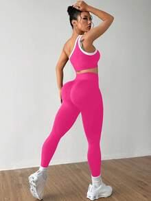 Dewbera Bộ đồ thể thao nữ áo ba lỗ tập yoga một vai liền mạch và nâng mông co giãn cao - Màu Hồng Tươi - Xem 2