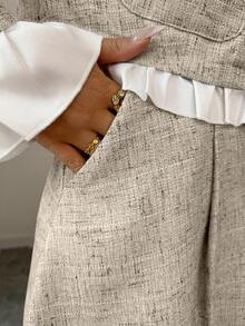 SHEIN Elenzya Blue & White Patchwork Sleeveless Jacket With Button Pockets, Elegant Casual Commuter Dress - Khaki - View 6