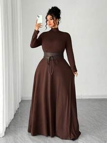 Elenzga Đầm maxi dài tay cổ đứng dáng chữ A, eo thon, màu nâu, kiểu dáng thanh lịch, thoải mái, dành cho nữ, thích hợp mặc đi làm hàng ngày, đi chơi, dự tiệc, mua sắm, lễ hội âm nhạc. - Cà phê nâu - Xem 7