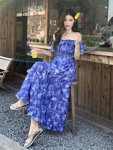 DAZY Women's Off-Shoulder Korean Style Ruffle Hem Dress, Vacation Wear - Purple - View 8