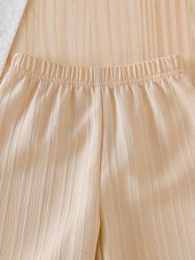 SHEIN Vintaside Kids 2pcs/Set Baby Girls' Fashionable & Cute Sleeveless Vest Top With Ruffle Collar And Elastic Waist Pants Outfit, Suitable For Spring/Summer, 3 Months - 3 Years Old - Apricot - View 5