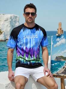 Manfinity Swimmode Camiseta de protección solar con cuello redondo y estampado gráfico para hombre, ideal para playa y vacaciones - Azul - Ver 4