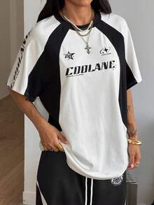 Coolane 女士街头风超大款赛车摩托车印花撞色插肩袖T恤 - 黑色 - 查看 4