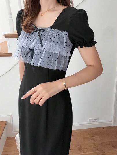 FRIFUL Women's Solid Color Waist Tie Bow Knot Pleated Ruffle Hem Dress, Casual Fitted Versatile Long Dress For Spring/Summer