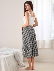 Ocili Women's Solid Color Tank Top & Plaid Wide Leg Pants Pajama Set - Black and White - View 3