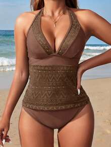 Swim Lushoire 2026春夏新款女士泳装上市，适合度假、约会、西部风情、邮轮、海滩、海岛、公路旅行、四季皆宜、音乐节、波西米亚风度假、秋日休闲等场合。撞色拼接拼接比基尼泳衣套装，尽显波西米亚Y2K风格，是度假和海滩的理想之选。 - 咖啡棕 - 查看 5