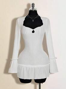 SHEIN ICON Đầm ngắn tay phồng cổ bèo màu trơn dành cho nữ, thích hợp mặc hàng ngày đi làm, mùa xuân/hè/thu. - trắng - Xem 3