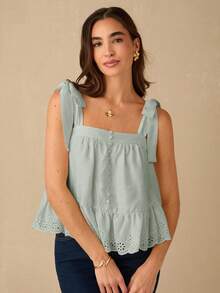 Enchnt 女士夏季简约纯色镂空刺绣系带露肩上衣 - 薄荷綠 - 查看 5