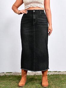 SHEIN EZwear Rok Mini Denim Kasual Ukuran Besar Warna Polos dengan Saku Miring dan Ujung Berumbai - Dark Grey - View 3