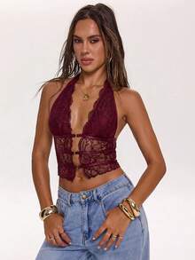 SHEIN BAE Áo hai dây croptop cổ yếm màu đen trơn phối ren tương phản gợi cảm dành cho nữ, thích hợp cho kỳ nghỉ xuân/hè, hẹn hò, lễ hội âm nhạc, buổi hòa nhạc. - Màu Tím - Xem 4