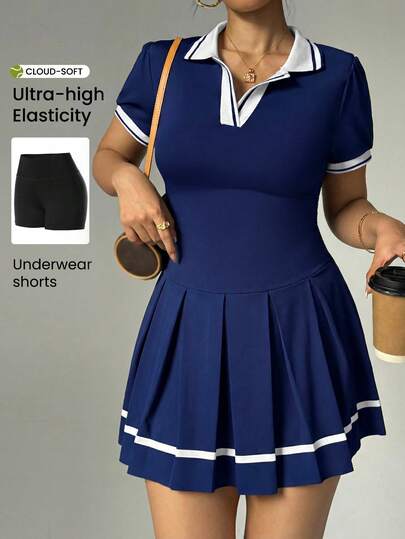 Rhythm Era 大码女式夏季撞色V领短袖腰部褶裥下摆运动连衣裙