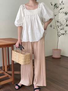 DAZY 法式优雅衬衫，甜美青春设计，小众镂空蕾丝娃娃领短袖女式衬衫，夏季款 - 米色 - 查看 10