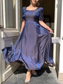 DAZY 女士优雅纯色泡泡袖中长连衣裙，夏季婚礼宾客礼服 - 紫色 - 查看 8