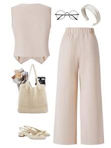 SHEIN 2pcs/Set Girls Casual Vest And Pants Set, Basic V-Neck Sleeveless Top Paired With Loose Straight Leg Pants, Suitable For Outings, Commuting And Daily Wear, Spring/Summer - White - View 2